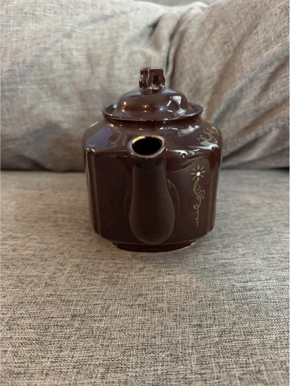 Vintage Made in Japan Brown Glazed Teapot Hand Painted Enamel Floral